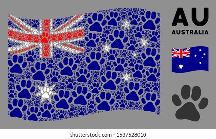 Waving Australia flag. Vector paw footprint items are placed into conceptual Australia flag composition. Patriotic composition done of flat paw footprint design elements.
