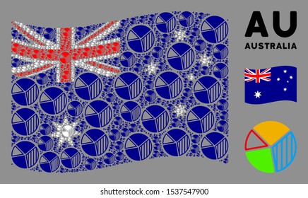 Waving Australia flag. Vector pie chart pictograms are united into mosaic Australia flag illustration. Patriotic illustration combined of flat pie chart pictograms.