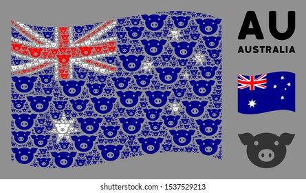 Waving Australia flag. Vector pig head design elements are united into geometric Australia flag composition. Patriotic composition combined of flat pig head design elements.