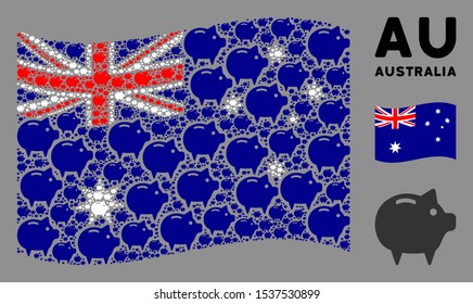 Waving Australia flag. Vector piggy bank design elements are formed into conceptual Australia flag composition. Patriotic concept composed of flat piggy bank design elements.