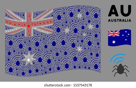 Waving Australia flag. Vector radio bug design elements are formed into geometric Australia flag illustration. Patriotic collage designed of flat radio bug design elements.