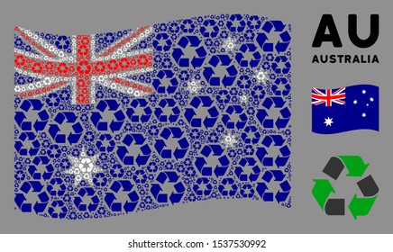 Waving Australia flag. Vector recycle arrows elements are grouped into geometric Australia flag composition. Patriotic illustration combined of flat recycle arrows design elements.