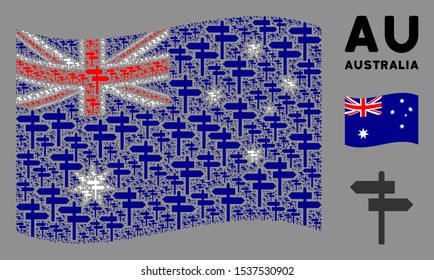 Waving Australia flag. Vector road pointer design elements are placed into geometric Australia flag illustration. Patriotic illustration organized of flat road pointer elements.