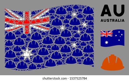 Waving Australia flag. Vector safety helmet design elements are combined into mosaic Australia flag abstraction. Patriotic concept constructed of flat safety helmet design elements.