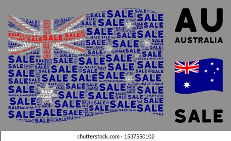 Waving Australia flag. Vector sale text design elements are arranged into conceptual Australia flag collage. Patriotic concept created of flat sale text design elements.