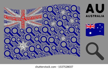 Waving Australia flag. Vector search icons are formed into mosaic Australia flag collage. Patriotic collage composed of flat search icons.