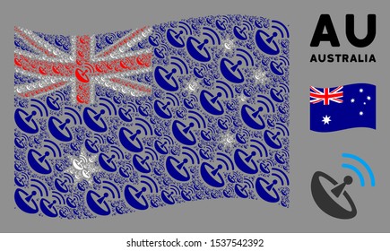 Waving Australia flag. Vector space antenna design elements are placed into conceptual Australia flag collage. Patriotic illustration designed of flat space antenna design elements.