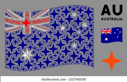 Waving Australia flag. Vector space star design elements are organized into mosaic Australia flag collage. Patriotic collage designed of flat space star design elements.