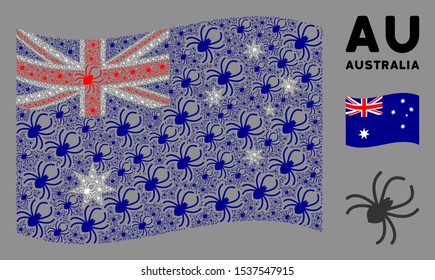Waving Australia flag. Vector spider icons are organized into mosaic Australia flag composition. Patriotic composition organized of flat spider design elements.