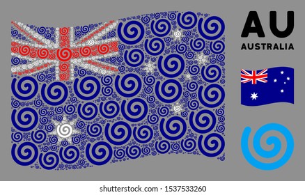 Waving Australia flag. Vector spiral icons are united into mosaic Australia flag composition. Patriotic concept constructed of flat spiral icons.