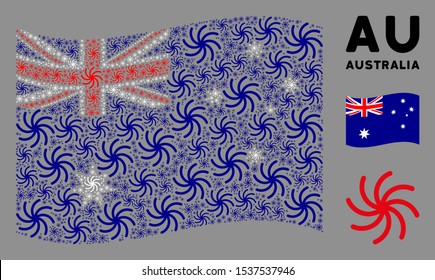 Waving Australia flag. Vector spiral galaxy design elements are grouped into mosaic Australia flag composition. Patriotic collage created of flat spiral galaxy design elements.