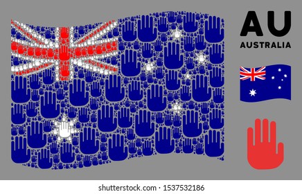 Waving Australia flag. Vector stop hand icons are placed into geometric Australia flag composition. Patriotic concept constructed of flat stop hand icons.
