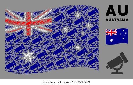 Waving Australia flag. Vector telescope elements are arranged into mosaic Australia flag collage. Patriotic collage combined of flat telescope design elements.