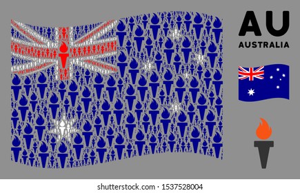 Waving Australia flag. Vector torch fire design elements are arranged into conceptual Australia flag collage. Patriotic composition constructed of flat torch fire design elements.