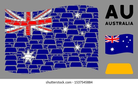 Waving Australia flag. Vector treasure brick pictograms are formed into geometric Australia flag collage. Patriotic collage constructed of flat treasure brick pictograms.