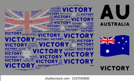 Waving Australia flag. Vector victory text design elements are grouped into geometric Australia flag composition. Patriotic composition created of flat victory text elements.