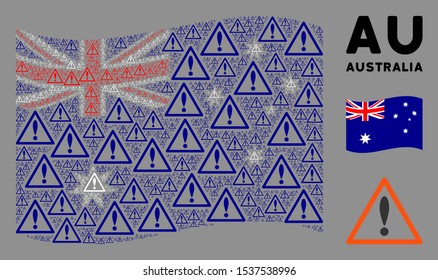 Waving Australia flag. Vector warning design elements are arranged into mosaic Australia flag composition. Patriotic concept designed of flat warning elements.