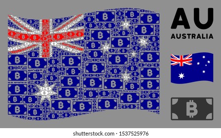 Waving Australia official flag. Vector Bitcoin cash banknote design elements are combined into mosaic Australia flag composition.