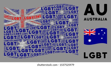 Waving Australia official flag. Vector LGBT text design elements are arranged into conceptual Australia flag abstraction. Patriotic concept created of flat LGBT text design elements.