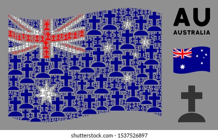 Waving Australia official flag. Vector cemetery pictograms are arranged into conceptual Australia flag composition. Patriotic composition constructed of flat cemetery pictograms.