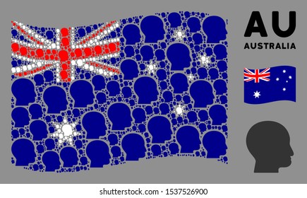 Waving Australia official flag. Vector bald head elements are grouped into geometric Australia flag collage. Patriotic collage created of flat bald head design elements.