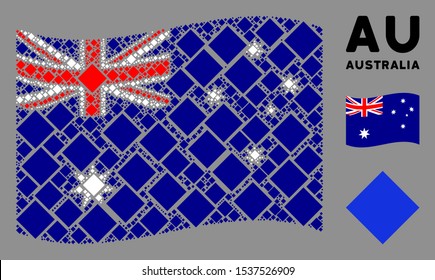 Waving Australia official flag. Vector filled rhombus design elements are combined into mosaic Australia flag collage. Patriotic composition combined of flat filled rhombus elements.