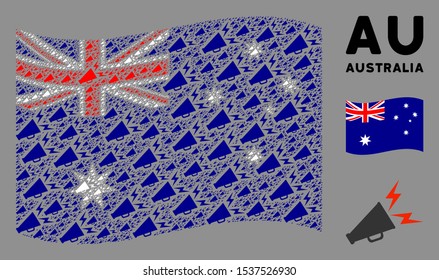 Waving Australia official flag. Vector alert megaphone pictograms are placed into conceptual Australia flag composition. Patriotic composition composed of flat alert megaphone design elements.