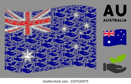 Waving Australia official flag. Vector eco startup hand pictograms are combined into conceptual Australia flag illustration. Patriotic illustration combined of flat eco startup hand icons.