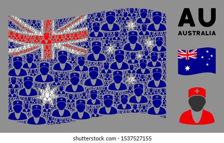 Waving Australia official flag. Vector doctor design elements are grouped into geometric Australia flag composition. Patriotic concept created of flat doctor design elements.