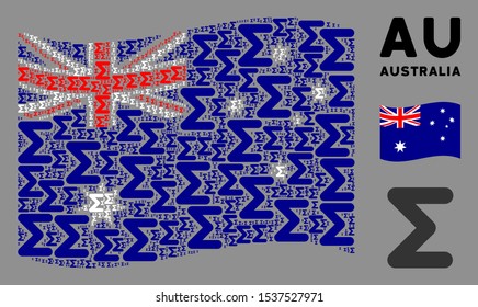 Waving Australia official flag. Vector sum design elements are arranged into conceptual Australia flag composition. Patriotic composition organized of flat sum design elements.