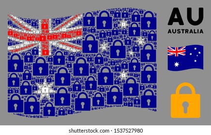Waving Australia official flag. Vector lock pictograms are combined into geometric Australia flag illustration. Patriotic illustration combined of flat lock icons.
