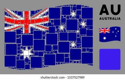 Waving Australia official flag. Vector filled square elements are grouped into geometric Australia flag illustration. Patriotic composition done of flat filled square design elements.