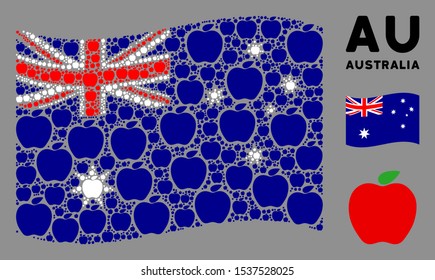 Waving Australia official flag. Vector apple elements are arranged into mosaic Australia flag composition. Patriotic concept designed of flat apple design elements.