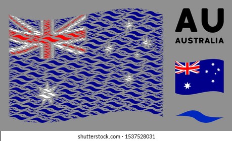 Waving Australia official flag. Vector wave shape pictograms are grouped into conceptual Australia flag collage. Patriotic collage created of flat wave shape pictograms.