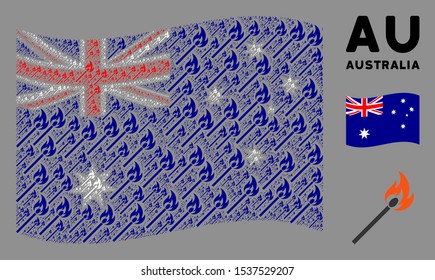 Waving Australia official flag. Vector match fire pictograms are grouped into mosaic Australia flag collage. Patriotic collage composed of flat match fire pictograms.