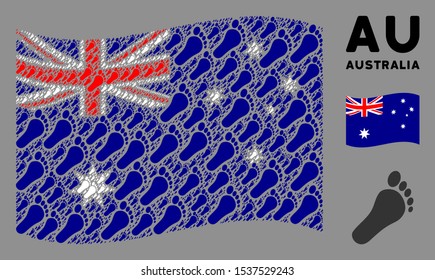 Waving Australia official flag. Vector human footprint pictograms are combined into geometric Australia flag abstraction. Patriotic composition combined of flat human footprint pictograms.