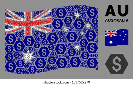 Waving Australia official flag. Vector finance design elements are placed into geometric Australia flag illustration. Patriotic illustration combined of flat finance design elements.