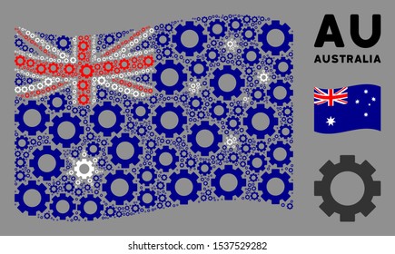 Waving Australia official flag. Vector gear icons are grouped into conceptual Australia flag composition. Patriotic collage created of flat gear icons.