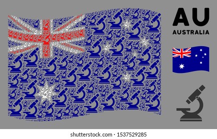 Waving Australia official flag. Vector microscope elements are arranged into geometric Australia flag collage. Patriotic collage done of flat microscope elements.