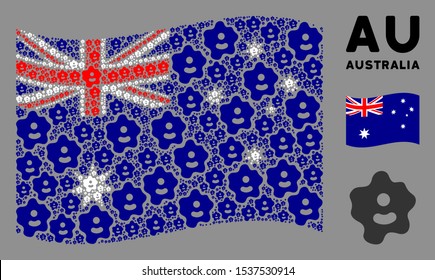 Waving Australia official flag. Vector amoeba pictograms are arranged into conceptual Australia flag composition. Patriotic composition composed of flat amoeba design elements.