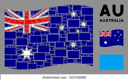 Waving Australia official flag. Vector filled rectangle icons are grouped into mosaic Australia flag collage. Patriotic collage created of flat filled rectangle icons.