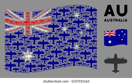 Waving Australia official flag. Vector aircraft design elements are grouped into conceptual Australia flag illustration. Patriotic illustration designed of flat aircraft design elements.
