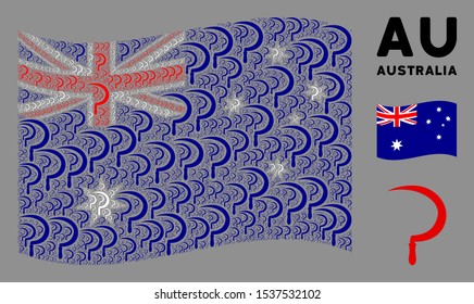 Waving Australia official flag. Vector sickle design elements are arranged into geometric Australia flag illustration. Patriotic collage done of flat sickle design elements.