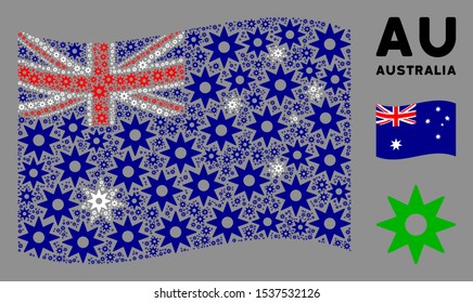 Waving Australia official flag. Vector new star pictograms are arranged into conceptual Australia flag collage. Patriotic illustration constructed of flat new star icons.