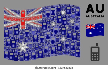 Waving Australia official flag. Vector cell phone elements are united into conceptual Australia flag abstraction. Patriotic illustration combined of flat cell phone elements.