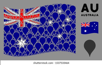 Waving Australia official flag. Vector map pointer design elements are organized into geometric Australia flag composition. Patriotic composition constructed of flat map pointer elements.