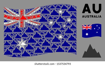 Waving Australia official flag. Vector rock mountain design elements are grouped into geometric Australia flag collage. Patriotic concept created of flat rock mountain elements.