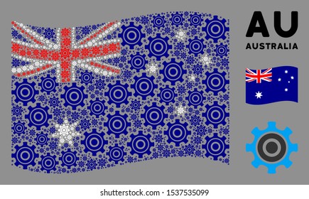Waving Australia official flag. Vector cogwheel pictograms are organized into mosaic Australia flag composition. Patriotic illustration organized of flat cogwheel design elements.