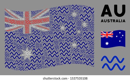 Waving Australia official flag. Vector sinusoid waves elements are scattered into conceptual Australia flag composition. Patriotic composition created of flat sinusoid waves design elements.