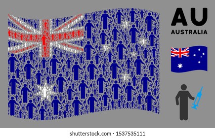 Waving Australia official flag. Vector medic pictograms are arranged into mosaic Australia flag collage. Patriotic collage created of flat medic pictograms.